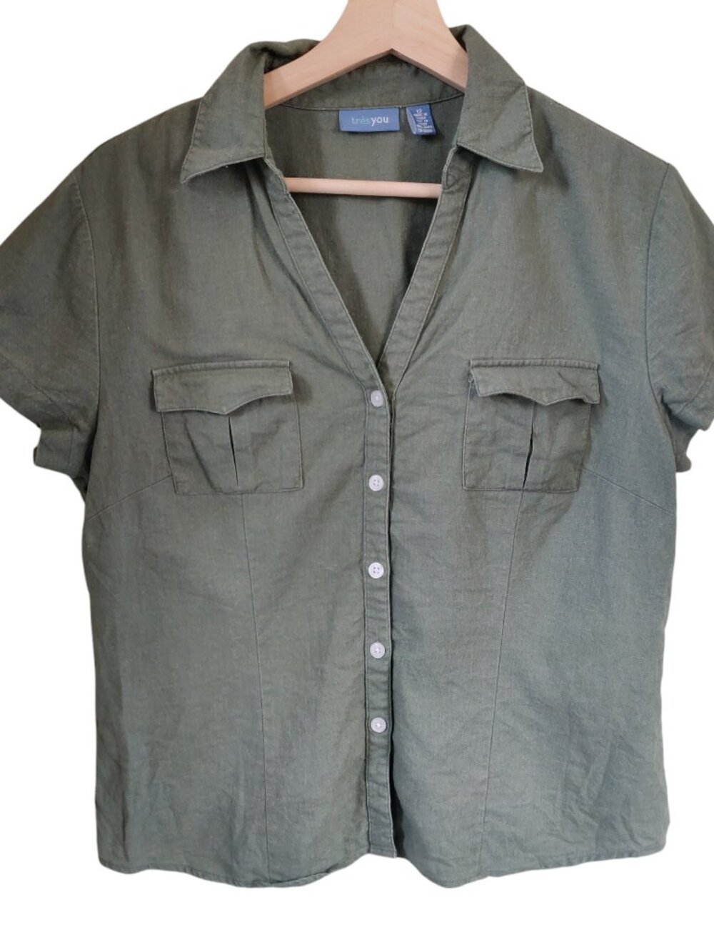Tres You Green Linen Blend Button-Up Short Sleeve Size 12